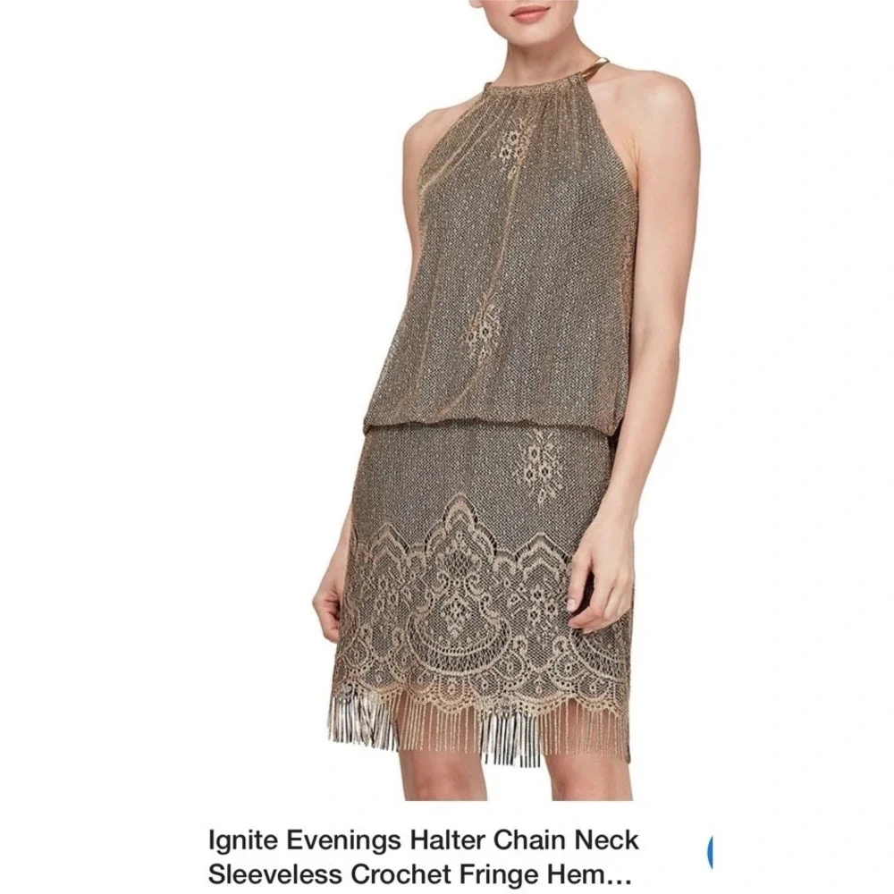 S.L. FASHIONS Women's Blouson  Halter Crochet Dress Flapper Fringe Sz 6 Gold NEW